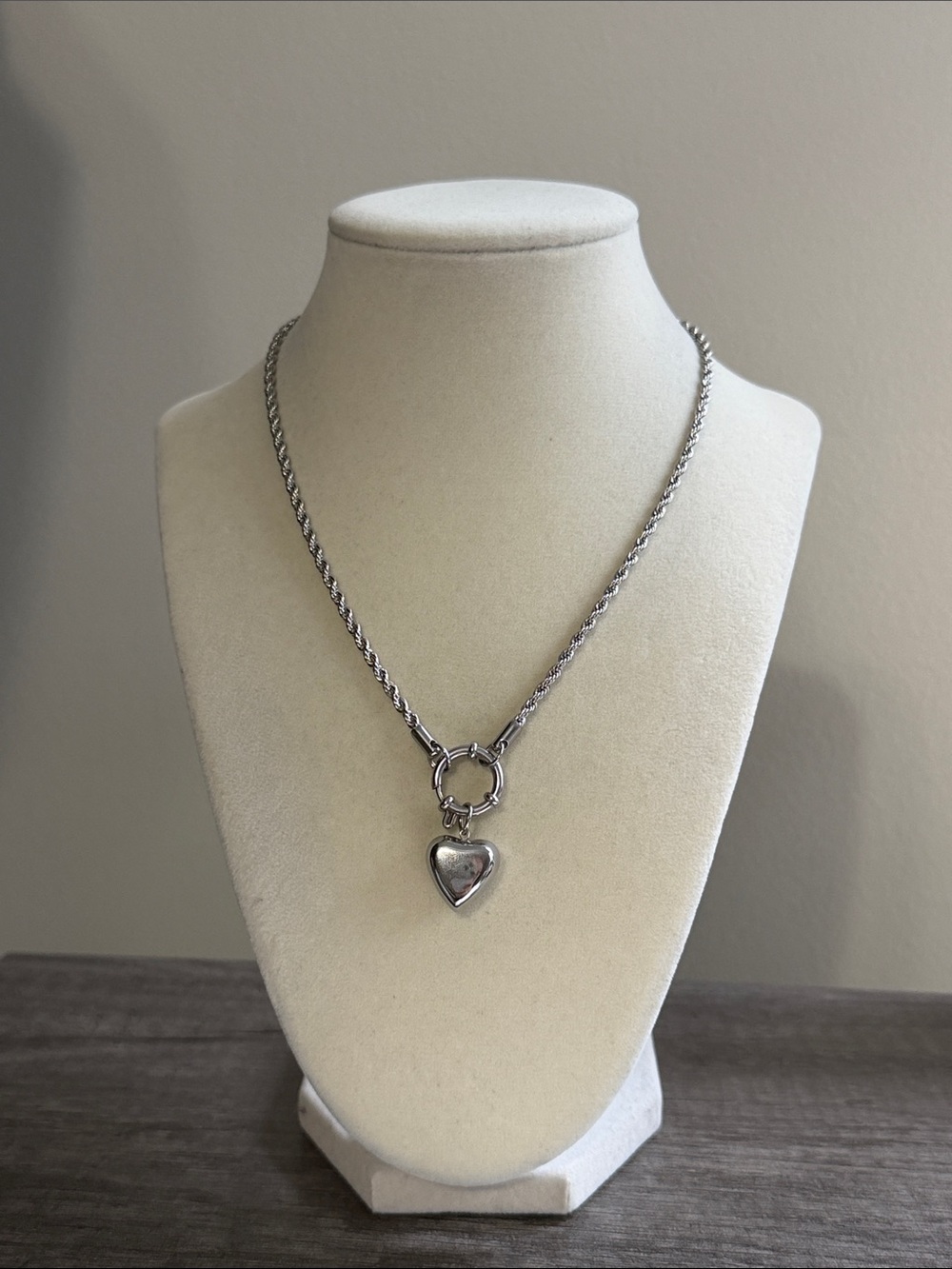 Stainless Steel Rope Chain Necklace w/ Heart Pendant